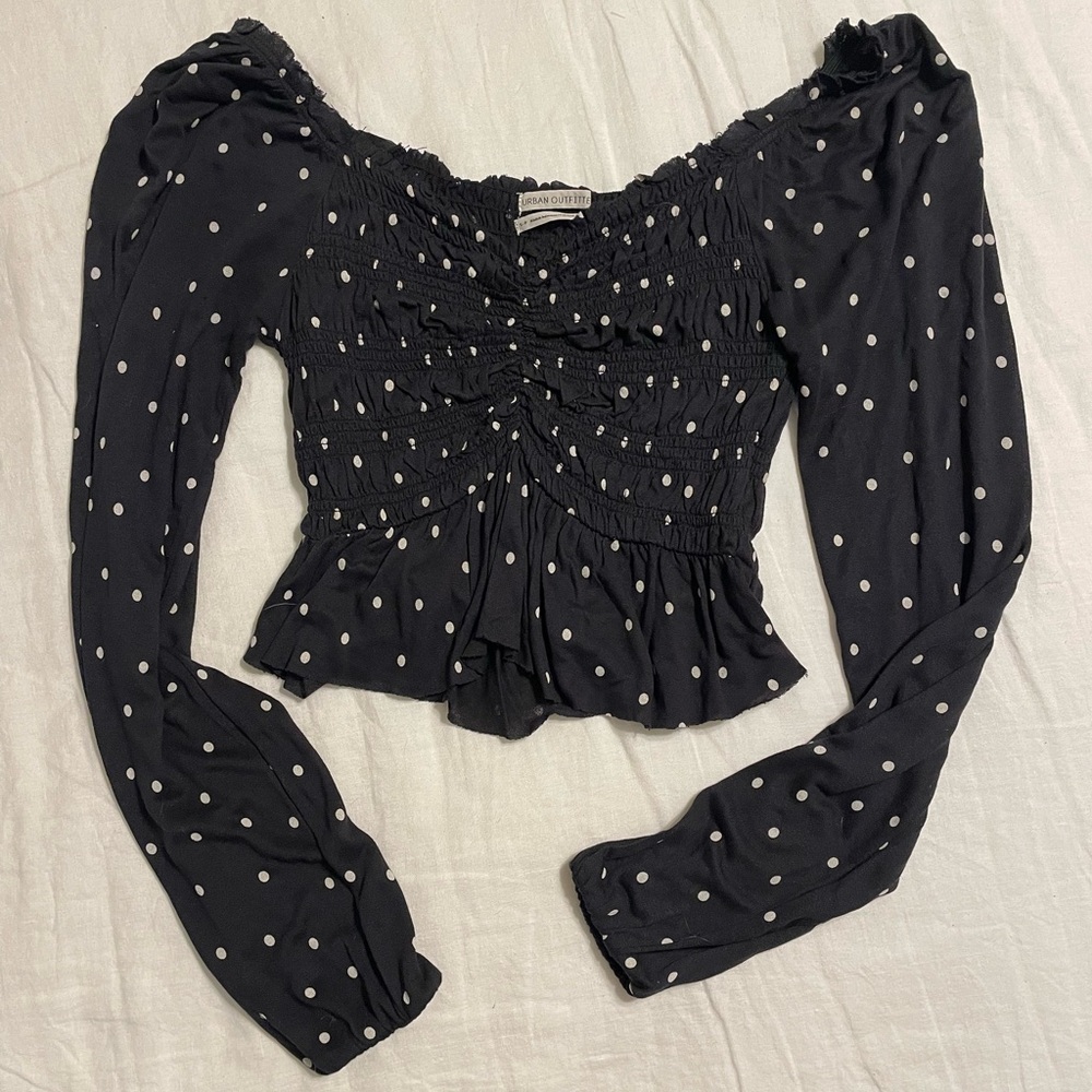 Urban Outfitters Black Polka Dot Smocked Long Sleeve Top